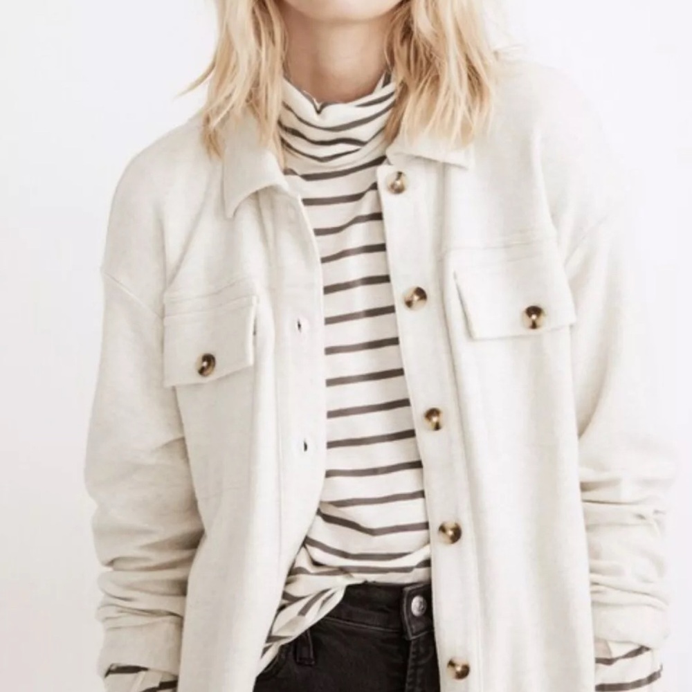 Madewell Brushed Cotton Button Up Cream Shacket Sweater Over Jacket